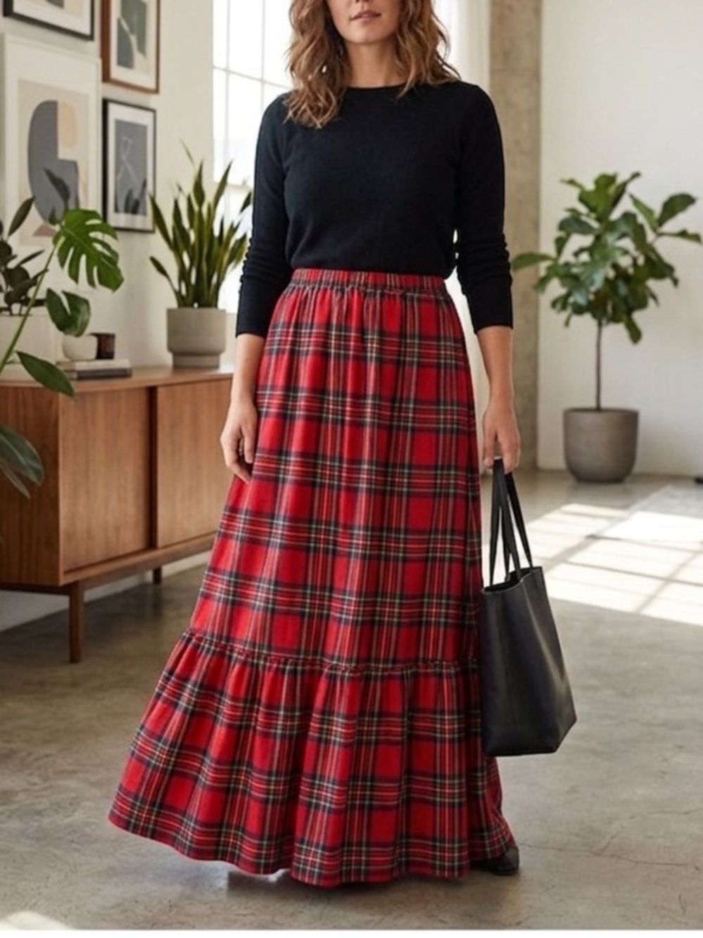 Cupshe Red Plaid Tiered Maxi Skirt | Elastic Waist | Size Small